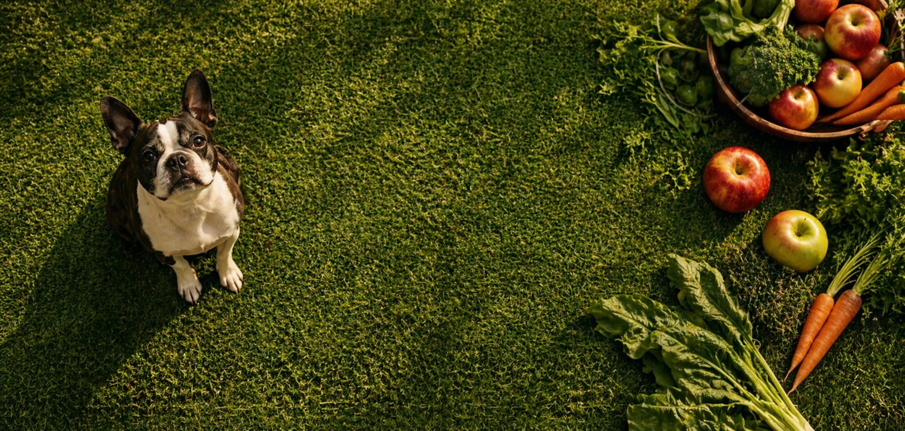 Perro junto a frutas y verduras naturales en un banner de Amykus