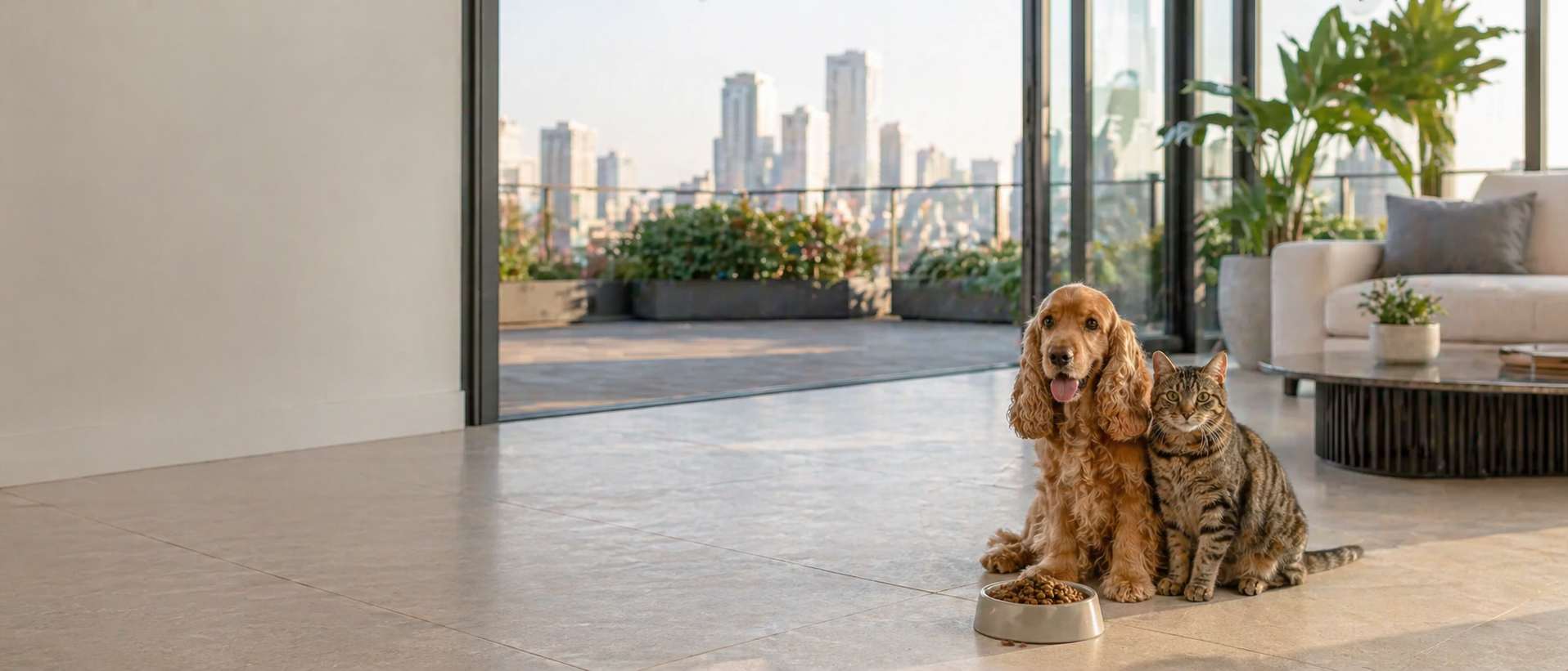 Perro y gato junto a un cuenco de pienso Amykus en una casa moderna