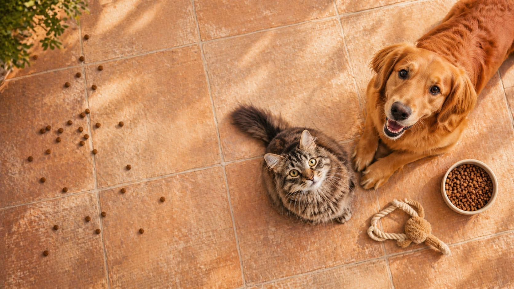Perro y gato junto a un cuenco de pienso Amykus