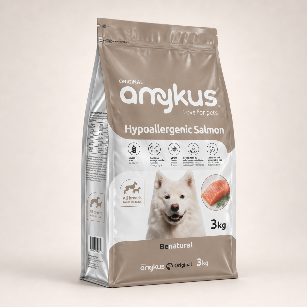 Saco de Amykus Hypoallergenic Grain Free Salmon, pienso hipoalergénico para perros adultos