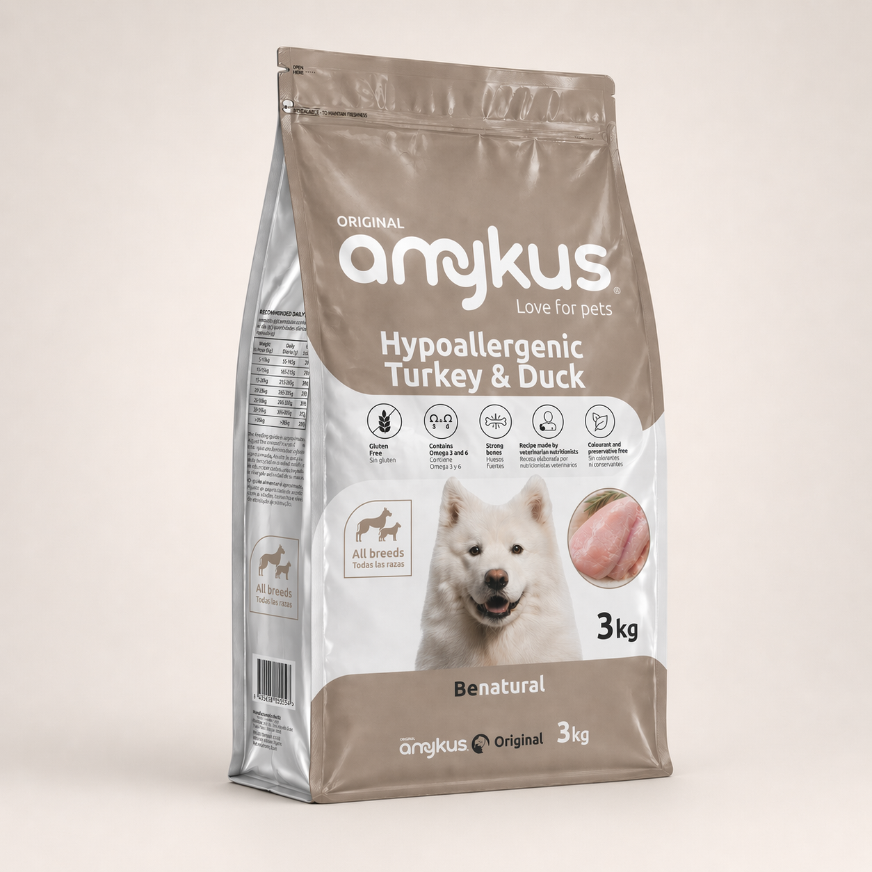 Saco de Amykus Hypoallergenic Grain Free Turkey and Duck, pienso hipoalergénico para perros adultos