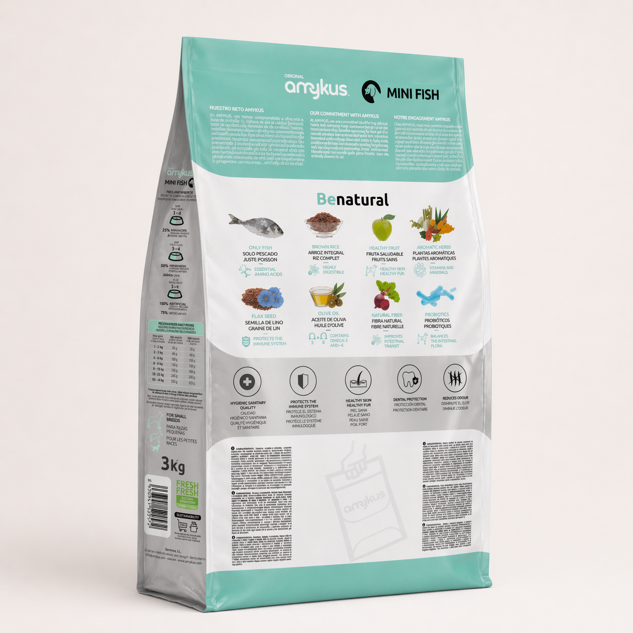Parte trasera del saco Amykus Original Mini Fish con información nutricional y composición