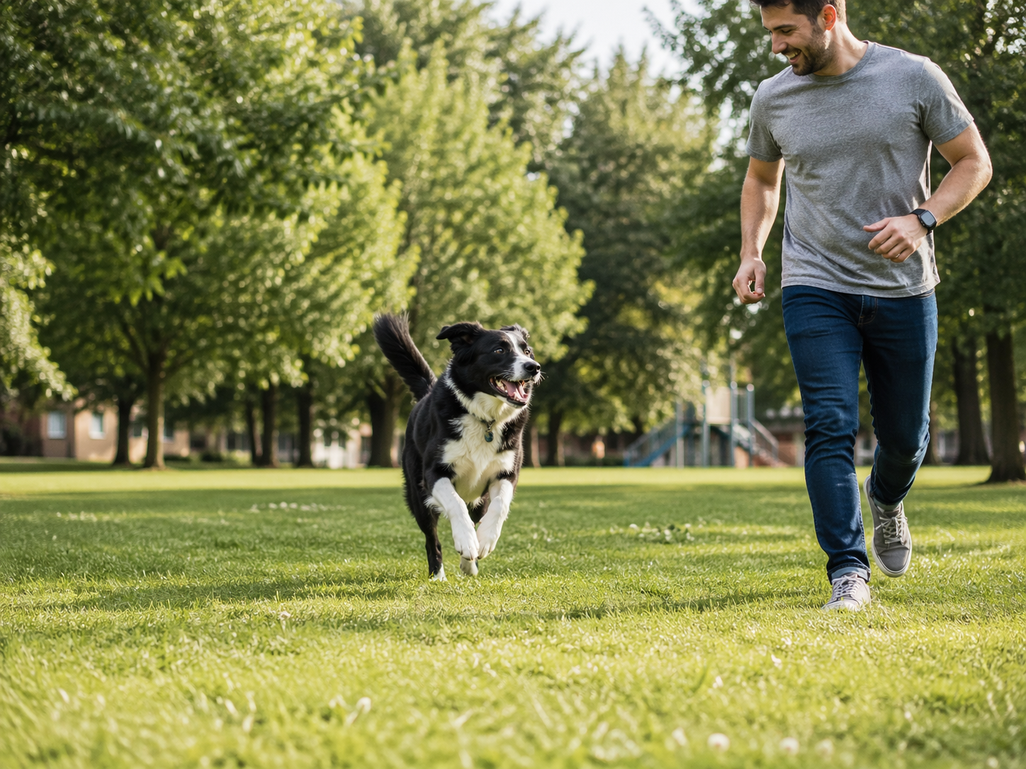 Perro corriendo en el parque junto a su dueño