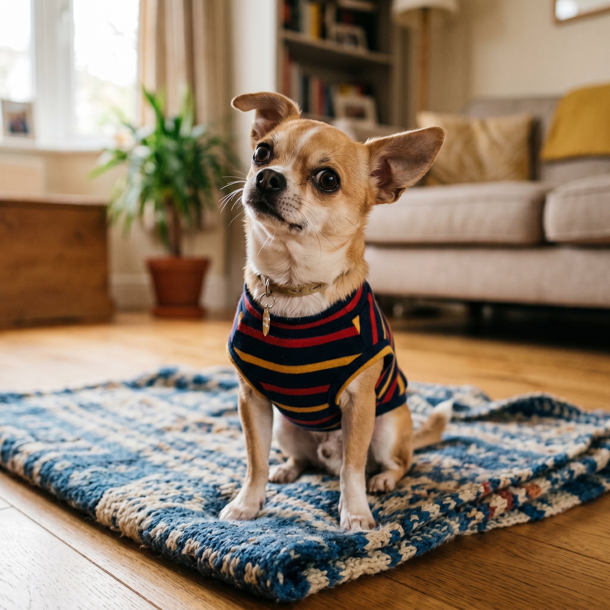 Perro pequeño sentado en casa junto a un saco de Roinat