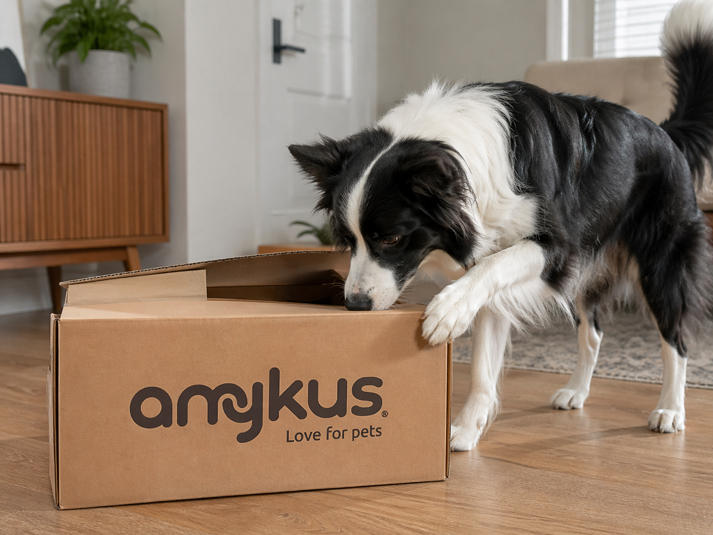 Perro junto a una caja de pedido Amykus en casa