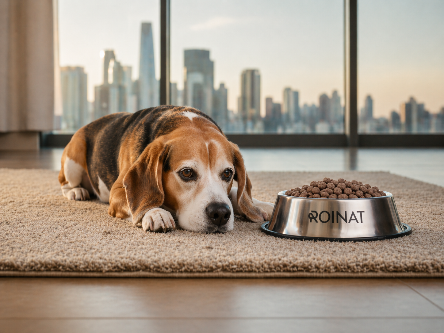 Perro junto a un cuenco de pienso Roinat en una casa moderna