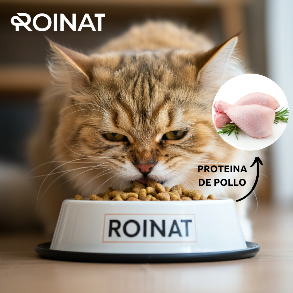 Gato junto a un cuenco de pienso Roinat Cat Adult