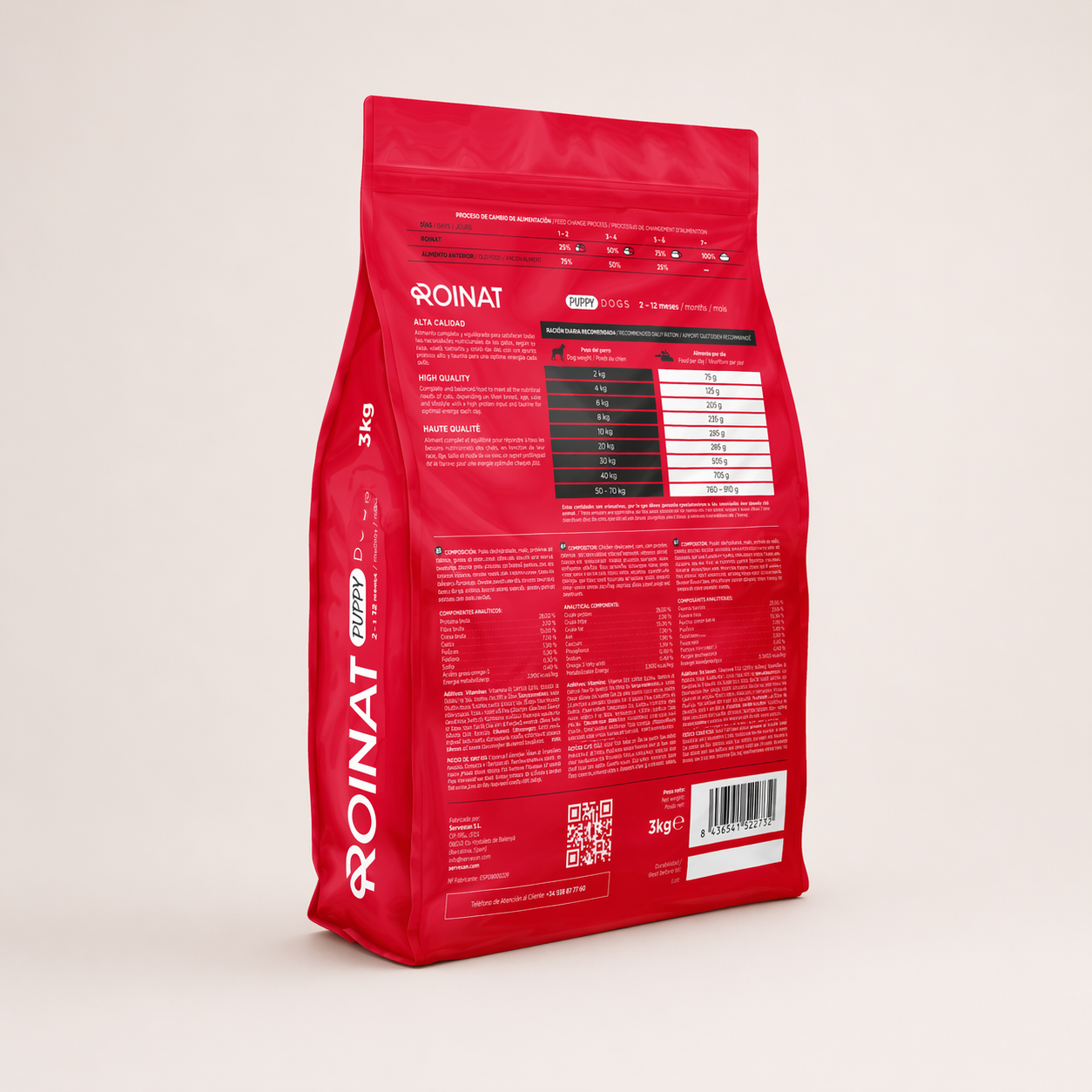 Parte trasera del saco Roinat Puppy con información del producto